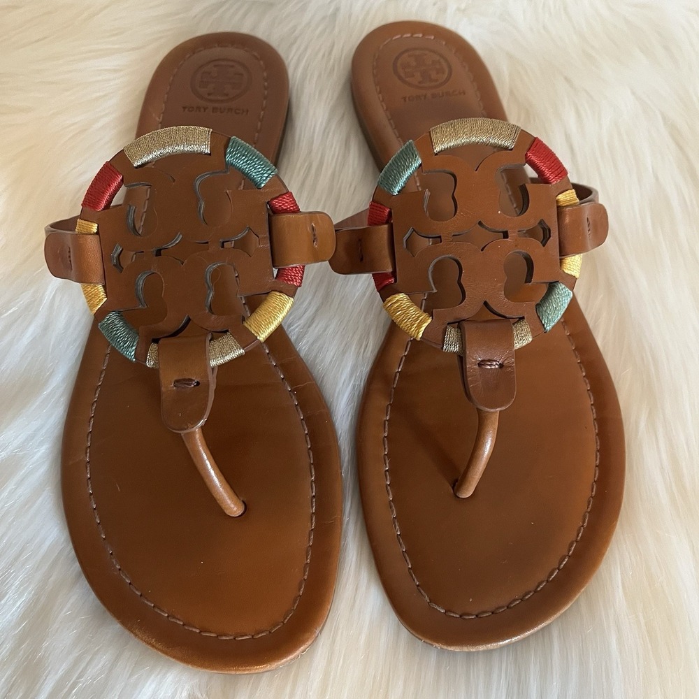 Tory Burch Miller Embroidered Thong Sandals Sz 9 Brown Leather Double T Logo